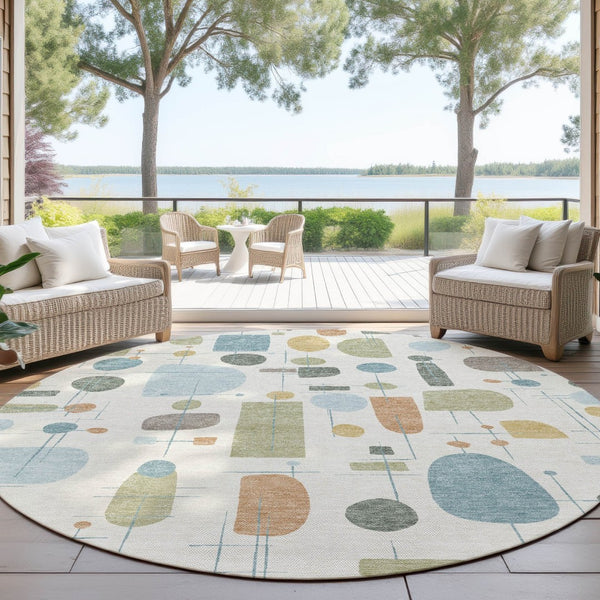 HomeRoots 8' Round Geometric Area Rug in Ivory, Blue & Green - Stylish, Washable, Indoor/Outdoor Decor! 690215