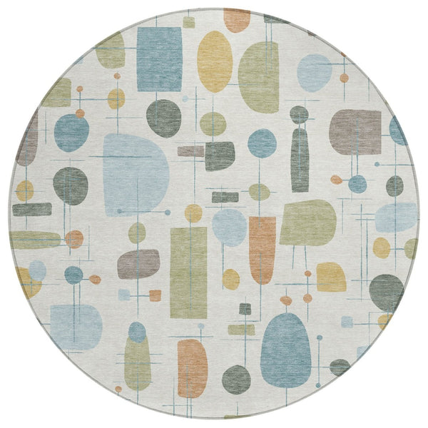 HomeRoots 8' Round Geometric Area Rug in Ivory, Blue & Green - Stylish, Washable, Indoor/Outdoor Decor! 690215
