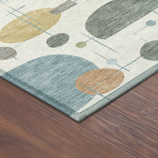 HomeRoots 8' Round Geometric Area Rug in Ivory, Blue & Green - Stylish, Washable, Indoor/Outdoor Decor! 690215