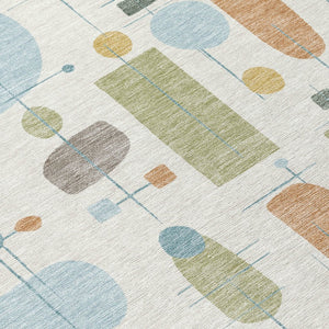 HomeRoots 8' Round Geometric Area Rug in Ivory, Blue & Green - Stylish, Washable, Indoor/Outdoor Decor! 690215