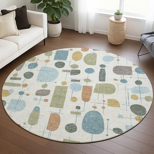 HomeRoots 8' Round Geometric Area Rug in Ivory, Blue & Green - Stylish, Washable, Indoor/Outdoor Decor! 690215