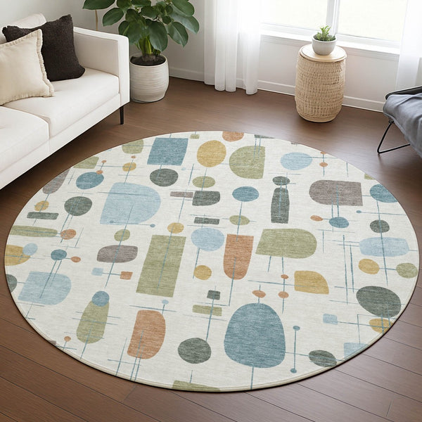 HomeRoots 8' Round Geometric Area Rug in Ivory, Blue & Green - Stylish, Washable, Indoor/Outdoor Decor! 690215