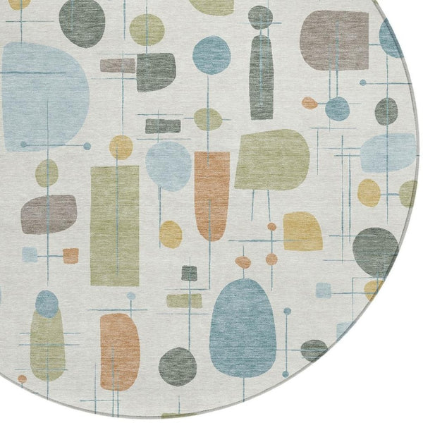 HomeRoots 8' Round Geometric Area Rug in Ivory, Blue & Green - Stylish, Washable, Indoor/Outdoor Decor! 690215