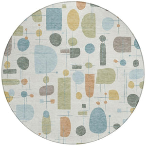HomeRoots 8' Round Geometric Area Rug in Ivory, Blue & Green - Stylish, Washable, Indoor/Outdoor Decor! 690215