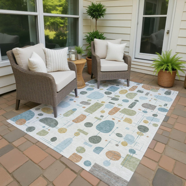 HomeRoots 9' X 12' Stylish Ivory Blue Green Geometric Washable Area Rug for Indoor & Outdoor Spaces 690217