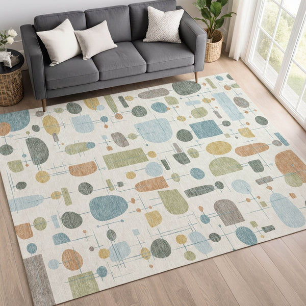 HomeRoots 9' X 12' Stylish Ivory Blue Green Geometric Washable Area Rug for Indoor & Outdoor Spaces 690217