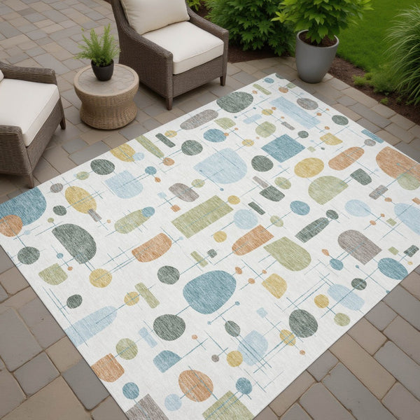 HomeRoots 9' X 12' Stylish Ivory Blue Green Geometric Washable Area Rug for Indoor & Outdoor Spaces 690217