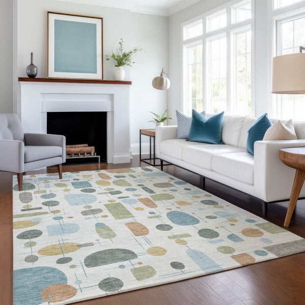HomeRoots 10' Geometric Washable Area Rug in Ivory, Blue & Green - Durable Indoor/Outdoor Floor Covering 690218