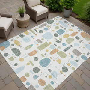 HomeRoots 10' Geometric Washable Area Rug in Ivory, Blue & Green - Durable Indoor/Outdoor Floor Covering 690218