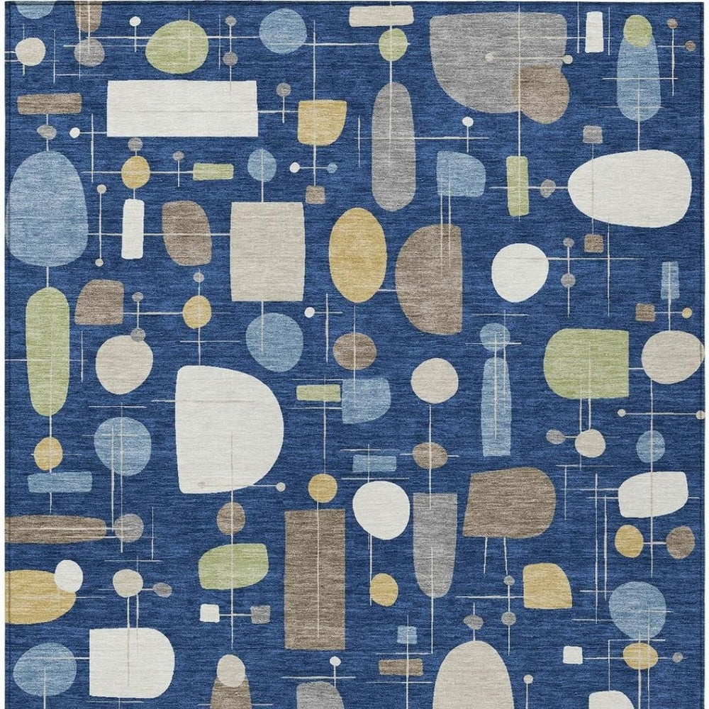 HomeRoots 5' X 8' Navy Blue Ivory Brown Geometric Area Rug - Durable, Washable & Versatile for Indoor/Outdoor Use 690220