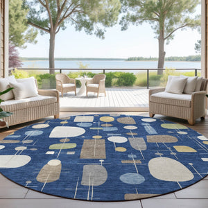 HomeRoots 8' Navy Blue Geometric Washable Area Rug - Stylish, Durable for Indoor/Outdoor Use, Easy Care! 690221