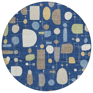 HomeRoots 8' Navy Blue Geometric Washable Area Rug - Stylish, Durable for Indoor/Outdoor Use, Easy Care! 690221