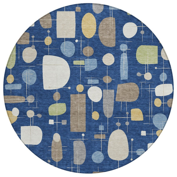 HomeRoots 8' Navy Blue Geometric Washable Area Rug - Stylish, Durable for Indoor/Outdoor Use, Easy Care! 690221