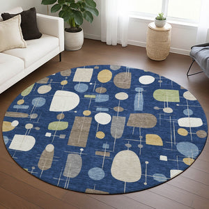 HomeRoots 8' Navy Blue Geometric Washable Area Rug - Stylish, Durable for Indoor/Outdoor Use, Easy Care! 690221