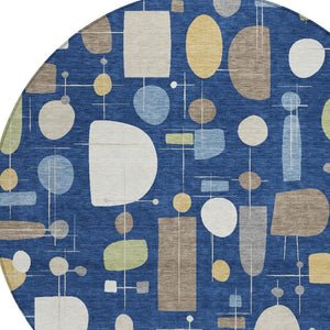 HomeRoots 8' Navy Blue Geometric Washable Area Rug - Stylish, Durable for Indoor/Outdoor Use, Easy Care! 690221