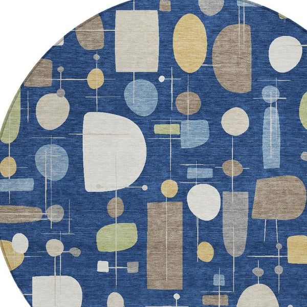 HomeRoots 8' Navy Blue Geometric Washable Area Rug - Stylish, Durable for Indoor/Outdoor Use, Easy Care! 690221
