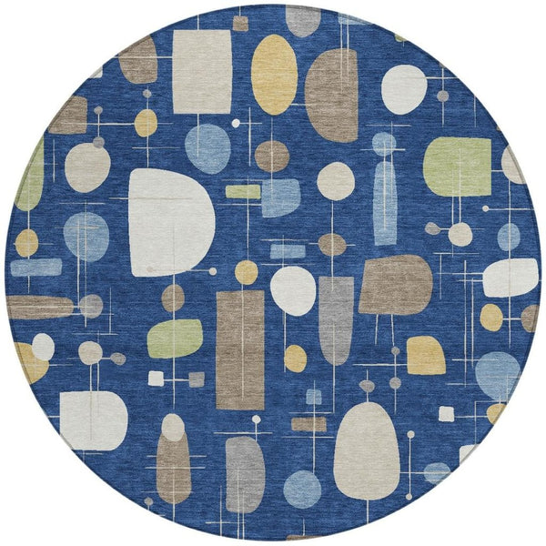 HomeRoots 8' Navy Blue Geometric Washable Area Rug - Stylish, Durable for Indoor/Outdoor Use, Easy Care! 690221