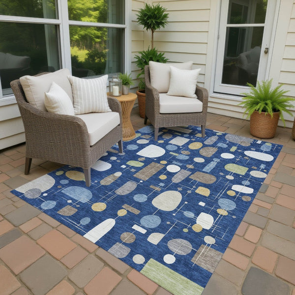 HomeRoots 10' X 14' Navy Blue Geometric Area Rug - Stylish Indoor/Outdoor, Washable, Stain Resistant & Durable 690224