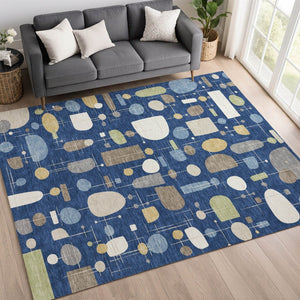 HomeRoots 10' X 14' Navy Blue Geometric Area Rug - Stylish Indoor/Outdoor, Washable, Stain Resistant & Durable 690224