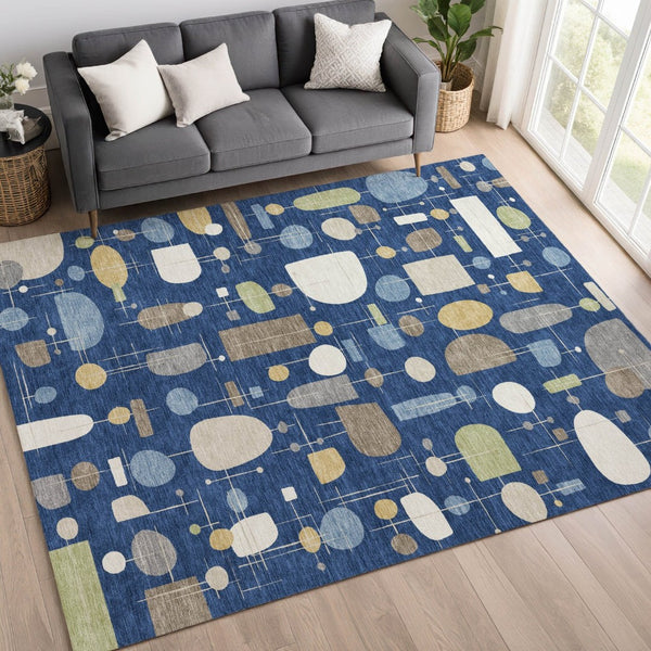 HomeRoots 10' X 14' Navy Blue Geometric Area Rug - Stylish Indoor/Outdoor, Washable, Stain Resistant & Durable 690224