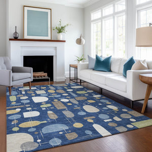 HomeRoots 10' X 14' Navy Blue Geometric Area Rug - Stylish Indoor/Outdoor, Washable, Stain Resistant & Durable 690224