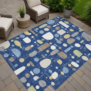 HomeRoots 10' X 14' Navy Blue Geometric Area Rug - Stylish Indoor/Outdoor, Washable, Stain Resistant & Durable 690224