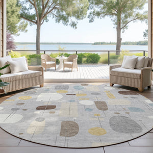 HomeRoots 8' Round Geometric Washable Area Rug in Silver, Ivory & Brown - Perfect for Indoor & Outdoor Use! 690227