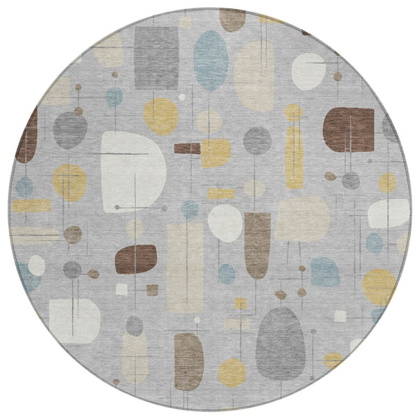 HomeRoots 8' Round Geometric Washable Area Rug in Silver, Ivory & Brown - Perfect for Indoor & Outdoor Use! 690227