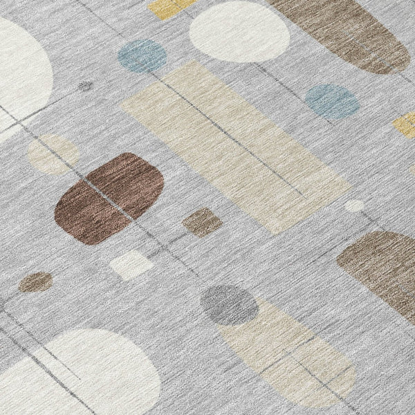HomeRoots 8' Round Geometric Washable Area Rug in Silver, Ivory & Brown - Perfect for Indoor & Outdoor Use! 690227
