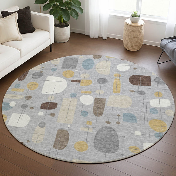 HomeRoots 8' Round Geometric Washable Area Rug in Silver, Ivory & Brown - Perfect for Indoor & Outdoor Use! 690227
