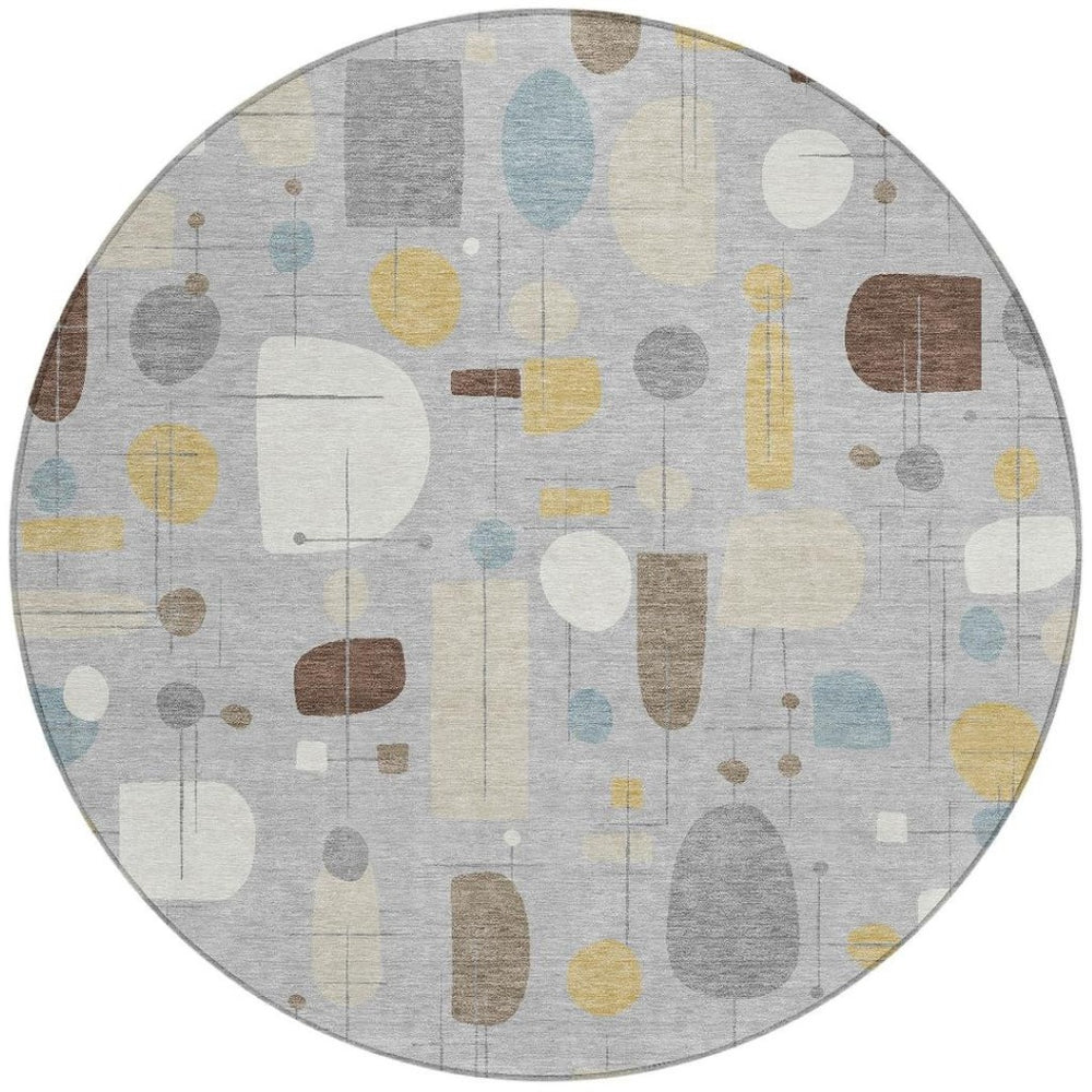 HomeRoots 8' Round Geometric Washable Area Rug in Silver, Ivory & Brown - Perfect for Indoor & Outdoor Use! 690227