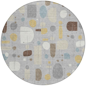 HomeRoots 8' Round Geometric Washable Area Rug in Silver, Ivory & Brown - Perfect for Indoor & Outdoor Use! 690227