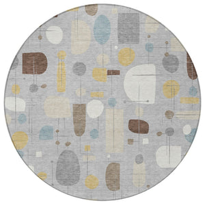 HomeRoots 8' Round Geometric Washable Area Rug in Silver, Ivory & Brown - Perfect for Indoor & Outdoor Use! 690227