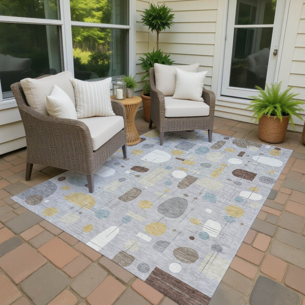 HomeRoots 9' X 12' Washable Silver Ivory Brown Geometric Area Rug - Durable, Stylish for Indoor & Outdoor Use 690229