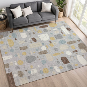 HomeRoots 9' X 12' Washable Silver Ivory Brown Geometric Area Rug - Durable, Stylish for Indoor & Outdoor Use 690229