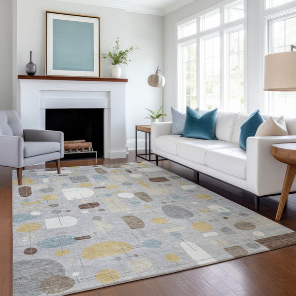 HomeRoots 9' X 12' Washable Silver Ivory Brown Geometric Area Rug - Durable, Stylish for Indoor & Outdoor Use 690229