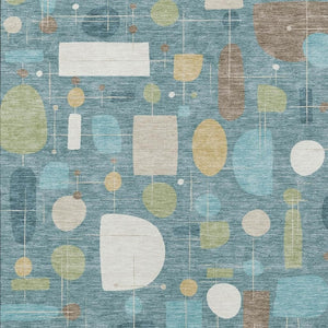 HomeRoots 5' Geometric Teal Blue, Ivory & Green Washable Area Rug - Stylish, Durable for Indoor & Outdoor Use! 690232
