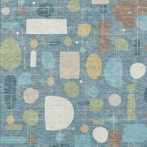HomeRoots 5' Geometric Teal Blue, Ivory & Green Washable Area Rug - Stylish, Durable for Indoor & Outdoor Use! 690232