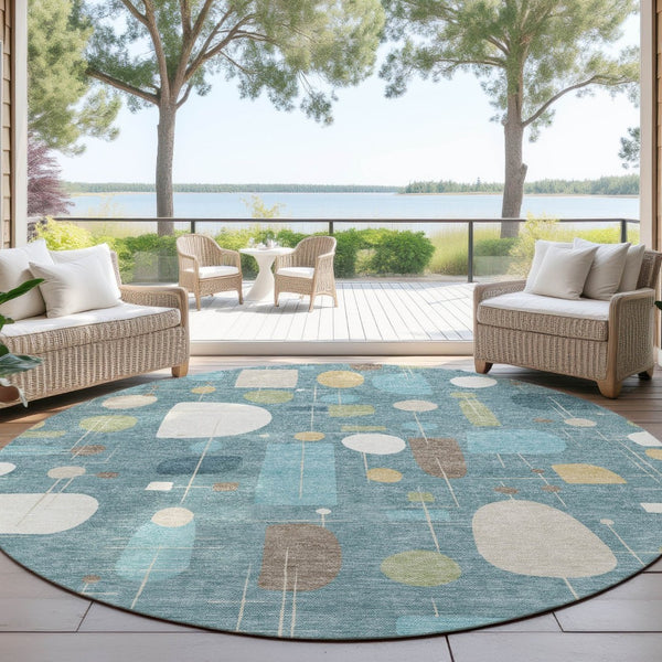 HomeRoots 8' Teal Blue Ivory And Green Round Geometric Area Rug - Durable, Washable, Versatile for Indoors & Outdoors 690233