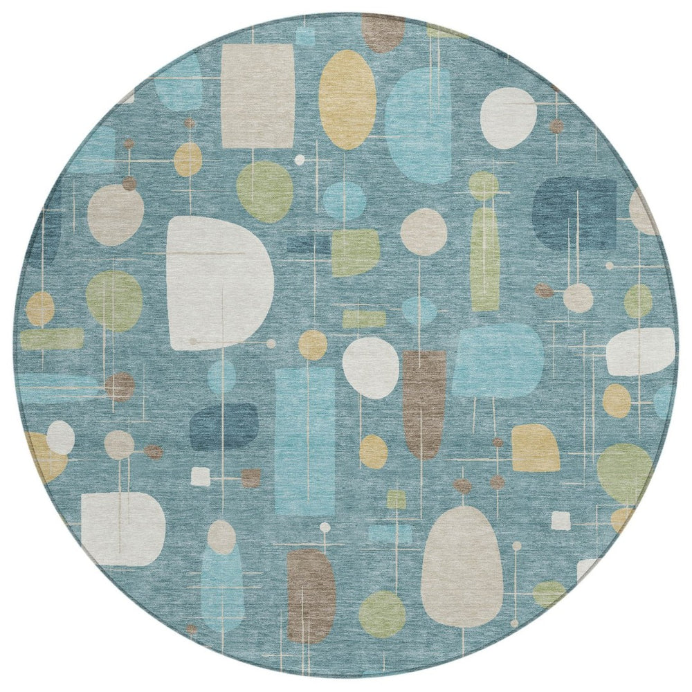 HomeRoots 8' Teal Blue Ivory And Green Round Geometric Area Rug - Durable, Washable, Versatile for Indoors & Outdoors 690233