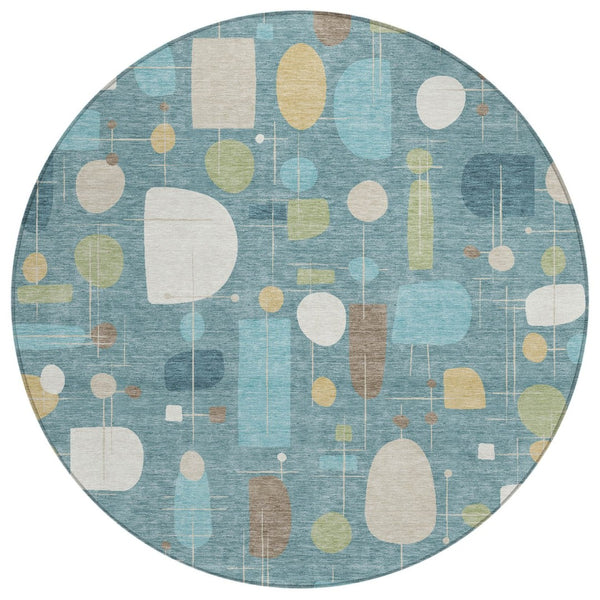 HomeRoots 8' Teal Blue Ivory And Green Round Geometric Area Rug - Durable, Washable, Versatile for Indoors & Outdoors 690233
