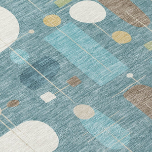 HomeRoots 8' Teal Blue Ivory And Green Round Geometric Area Rug - Durable, Washable, Versatile for Indoors & Outdoors 690233