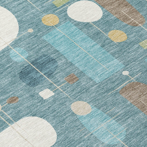 HomeRoots 8' Teal Blue Ivory And Green Round Geometric Area Rug - Durable, Washable, Versatile for Indoors & Outdoors 690233