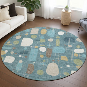 HomeRoots 8' Teal Blue Ivory And Green Round Geometric Area Rug - Durable, Washable, Versatile for Indoors & Outdoors 690233