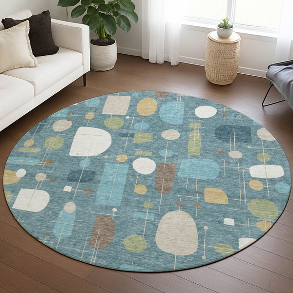 HomeRoots 8' Teal Blue Ivory And Green Round Geometric Area Rug - Durable, Washable, Versatile for Indoors & Outdoors 690233