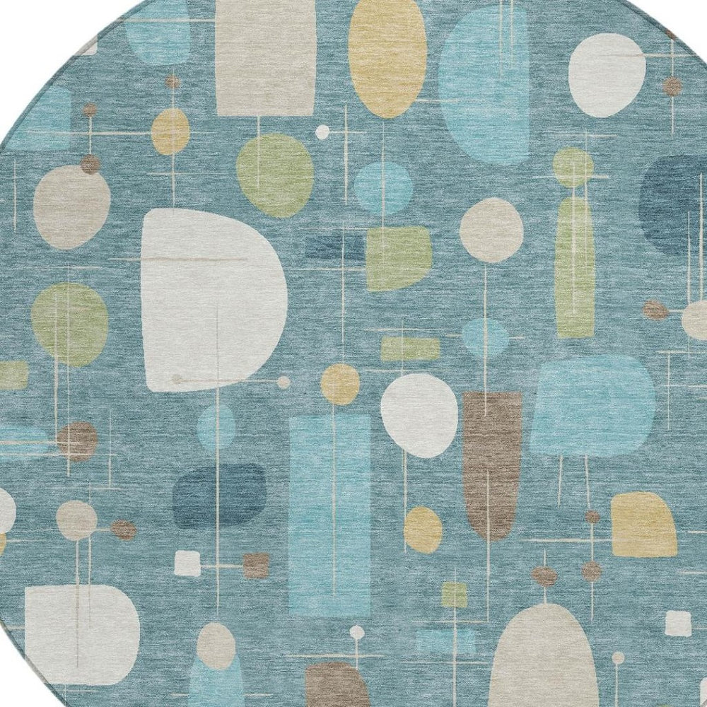 HomeRoots 8' Teal Blue Ivory And Green Round Geometric Area Rug - Durable, Washable, Versatile for Indoors & Outdoors 690233