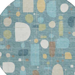 HomeRoots 8' Teal Blue Ivory And Green Round Geometric Area Rug - Durable, Washable, Versatile for Indoors & Outdoors 690233