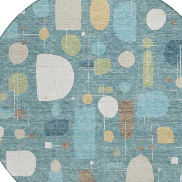 HomeRoots 8' Teal Blue Ivory And Green Round Geometric Area Rug - Durable, Washable, Versatile for Indoors & Outdoors 690233
