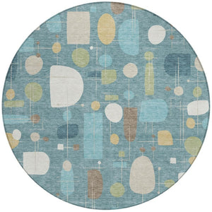 HomeRoots 8' Teal Blue Ivory And Green Round Geometric Area Rug - Durable, Washable, Versatile for Indoors & Outdoors 690233