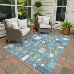 HomeRoots 8' X 10' Geometric Teal Blue, Ivory & Green Area Rug - Washable, Durable for Indoor & Outdoor Use 690234